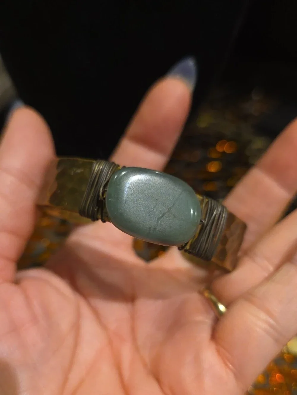 Vintage Green Stone Wire-Wrapped Ring with Gold Band